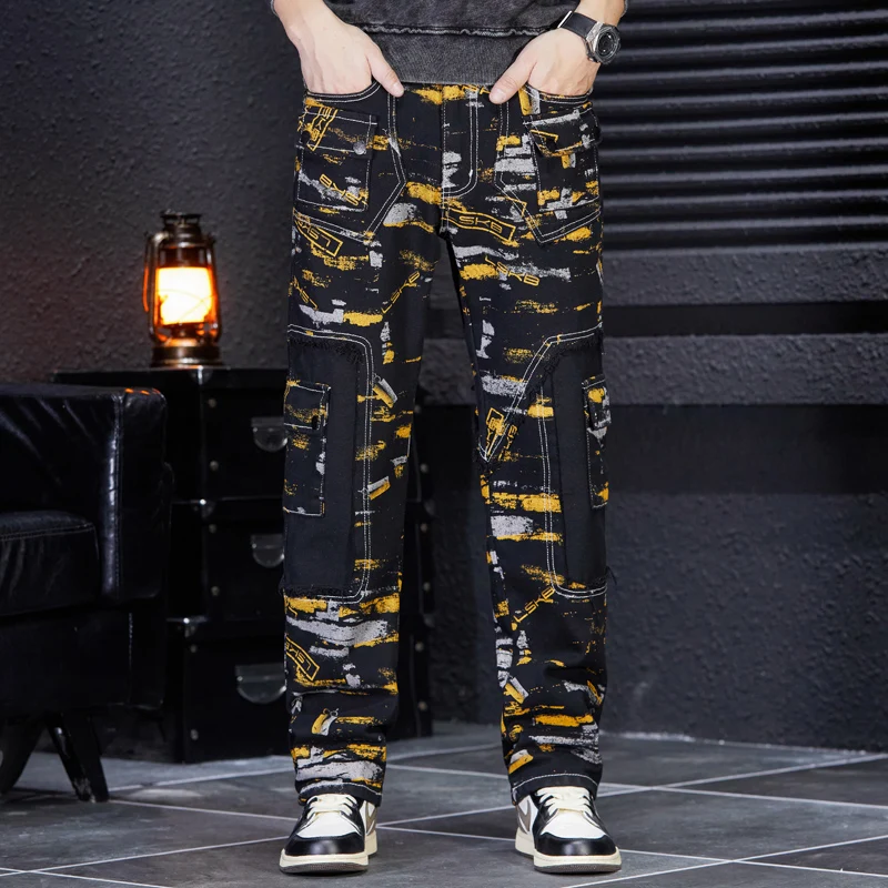 2024 New Denim Trousers Men's Street Fashion Cowboy Black Printing Stitching Contrast Color Multi-Pocket Decorative Trousers