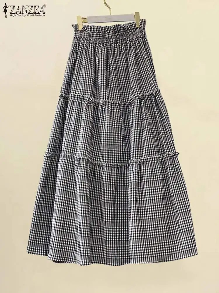 2024 ZANZEA Women Plaid Maxi Skirt Vintage Elastic High Waist Jupes Holiday Pleating Skirts Elegant A-line Simple Long Faldas