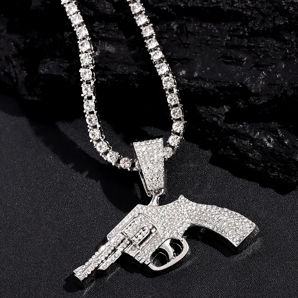 Punk Hip Hop Micro Pave Pistol Pendant Necklace For Men Women Iced Out Bling Gun Necklaces Tennis Rope Cuban Chain Trend Jewelry view 3