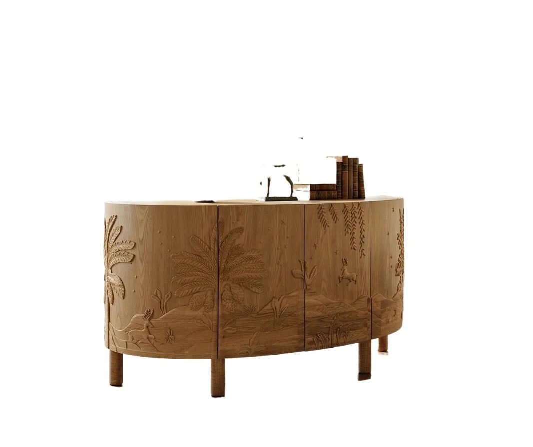Luxury handmade modern hand-carved solid wood oval locker with relief panel dining side cabinet suitable for living room