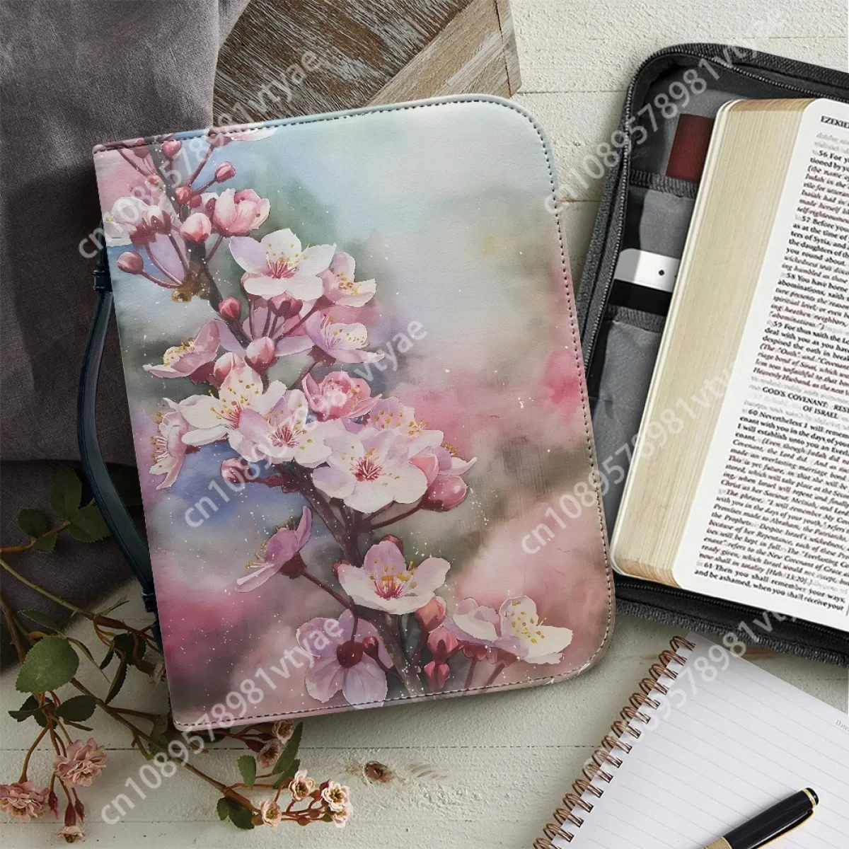 

Pink Spring Cherry Blossom Painting Bible Cover Case Women's Bible Storage Bag Pu Leather Zippered Handbag Custom Storage Boxes