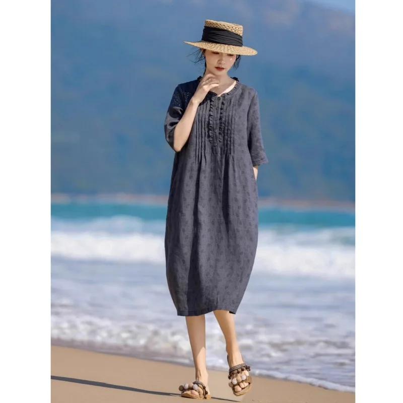 Cross-Border Foreign Trade 2026 Summer Artistic Loose Plus Size Women's With Ruffled Floral Print Mid-Length Linen Dress