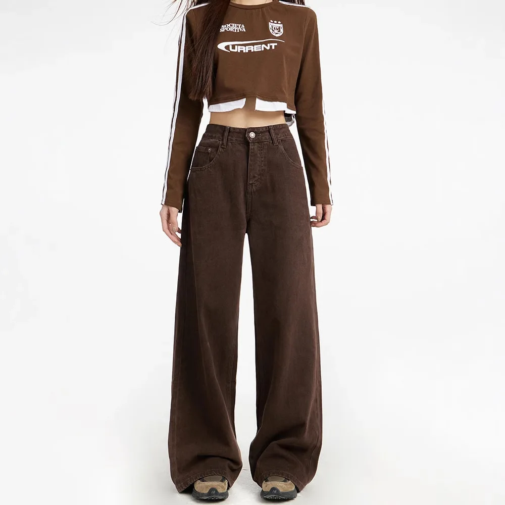 Jean marron taille haute à jambes larges pour femme, coupe ample, coupe droite, longueur cheville, pantalon automne hiver, taille haute, pour les déplacements