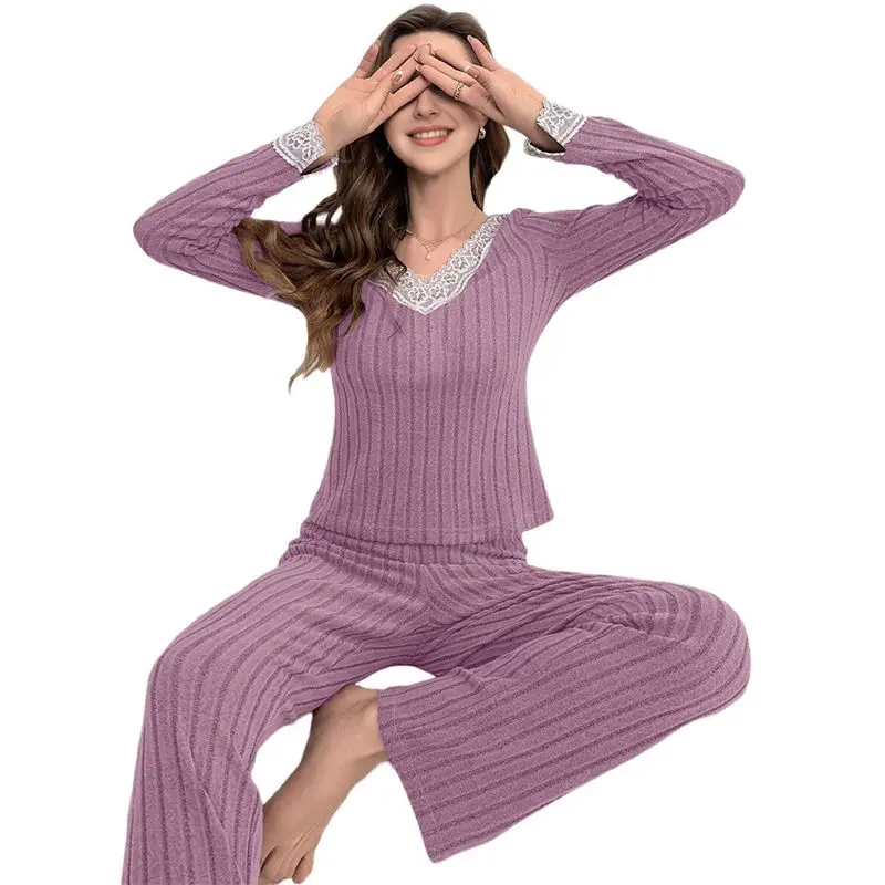 

CYL-Женские комплекты в рубчик из 2 предметов, свободные топы с v-образным вырезом и длинными рукавами, прямые брюки, спортивный костюм, наряды