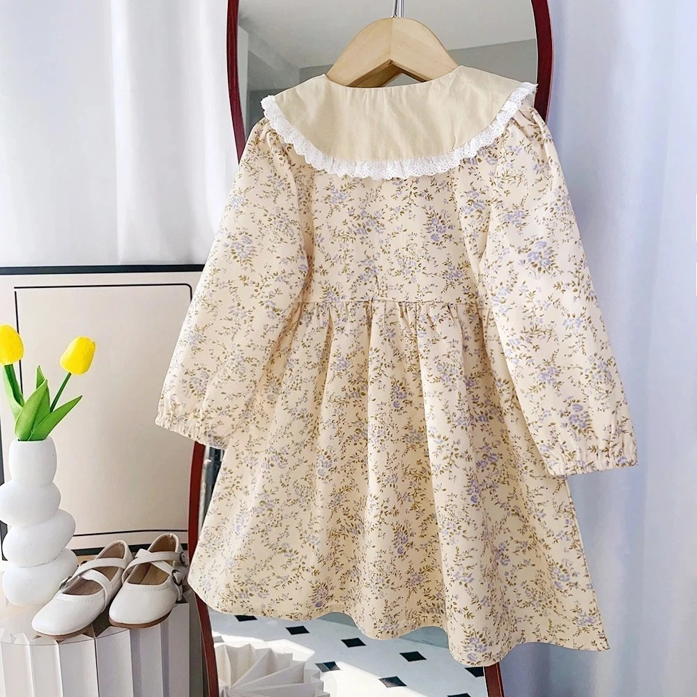 Autumn Fashion New 3-7 Years Girls Cute Print Long Sleeve Dress 1 Pc Kids Turn-down Collar Loose Casual Clothes