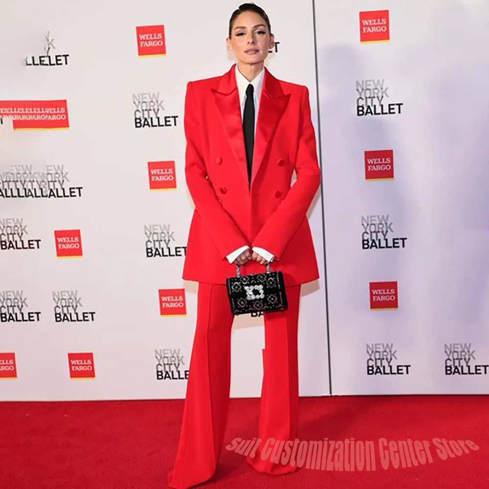 

Red Women's Blazers and Suit Sets Satin Peak Lapel Double Breasted 2 Piece Jacket Pants Formal Office Business Clothing