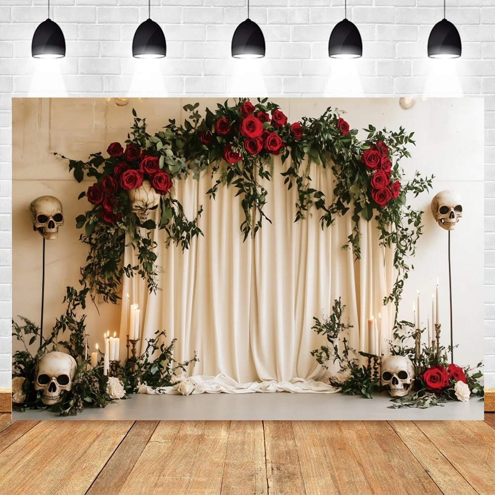 هالوين الرعب تحت عنوان الجمجمة الورود الزفاف خلفية الزهور الحمراء الشموع الاطفال الطفل التصوير الكبار التصوير الفوتوغرافي الدعائم الخلفيات