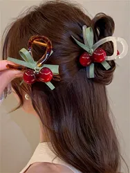 1 Women's new summer French Cherry Bow hair grab Cherry grab clip back head bun High ponytail half Shark claw headpiece