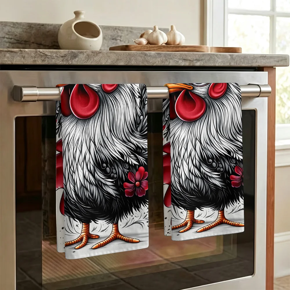 1pc/2pcs Farmhouse Rooster Print Kitchen Towel-Super absorbent, reusable polyester dishcloths perfect for home decor, cooking, b