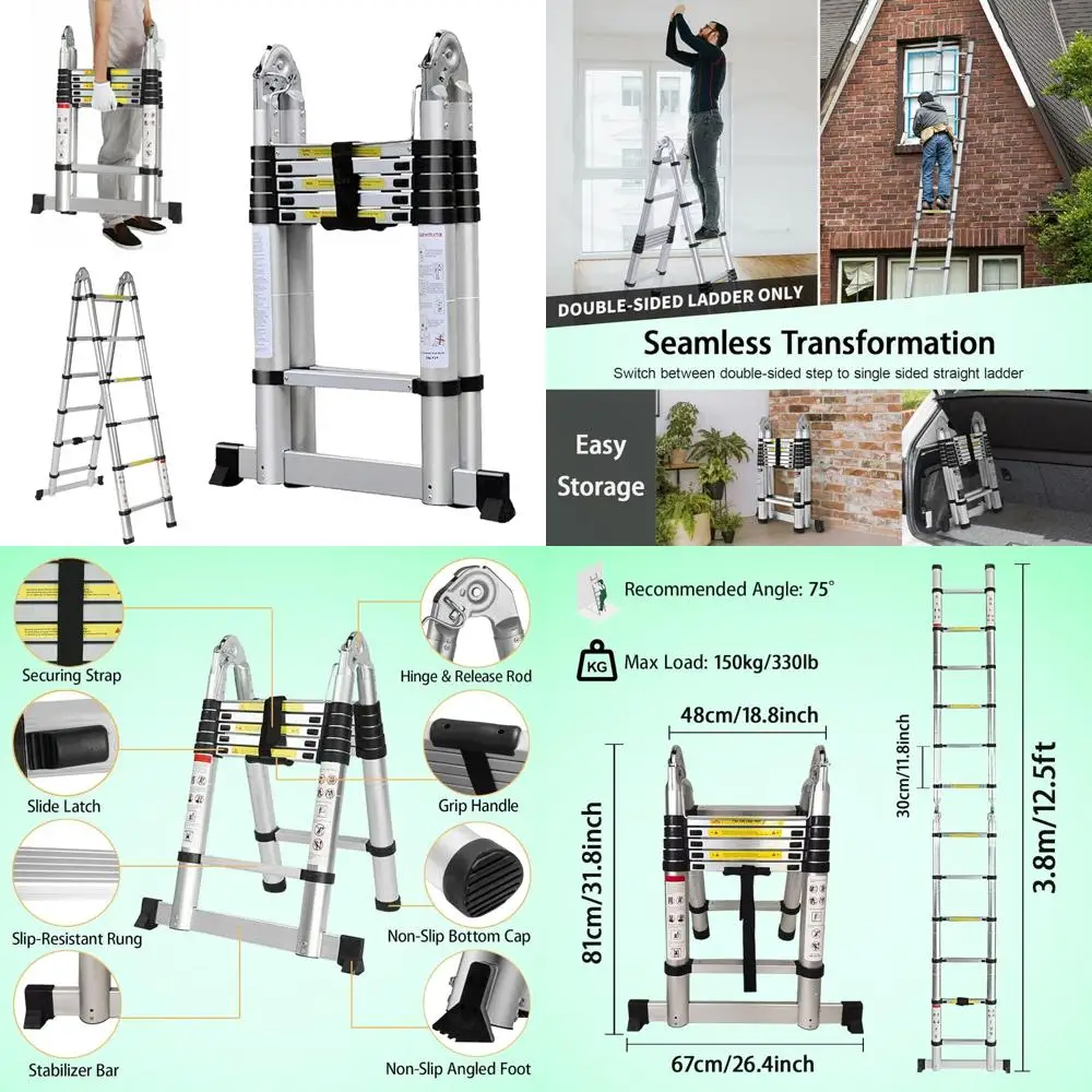 Robuuste 12,5FT telescopische verlengladder met een capaciteit van 330 lb, A-frame-ontwerp, opvouwbaar, draagbaar, 2-in-1 ladder voor buiten