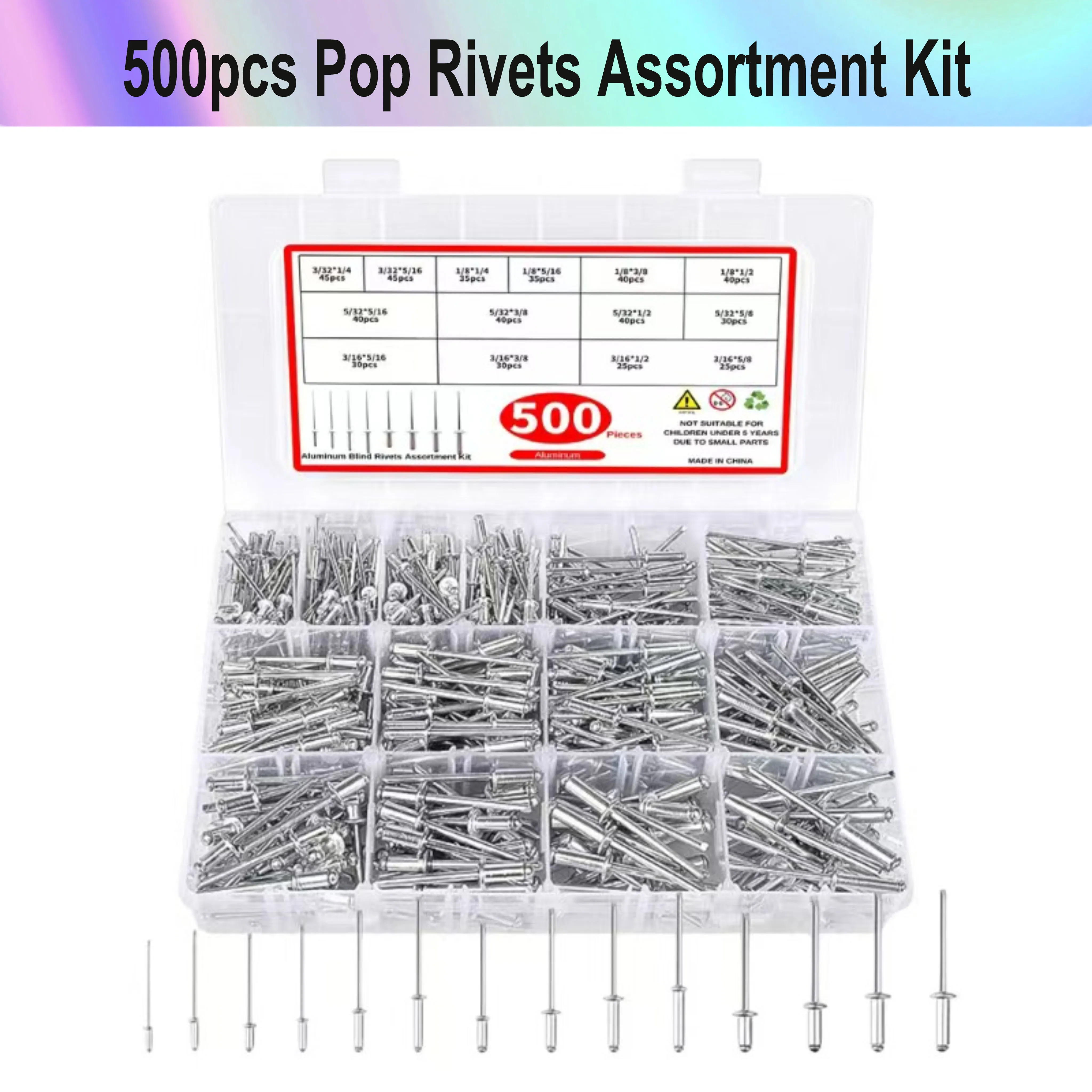 

500pcs Pop Rivets Assortment Kit, 14 Sizes Aluminum Blind Rivets (3/32" 1/8" 5/32" 3/16") Assorted Blind Rivets