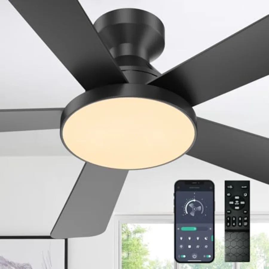 Ceiling Fans with Lights, 46" Low Profile Ceiling Fan with Light, Remote/App Control, Flush Mount Ceiling Fan for Bedroom, Indo