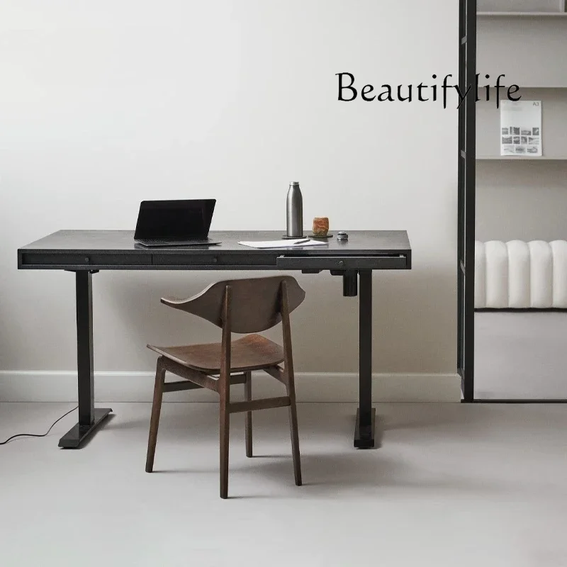 Black wabi liftable desk Nordic French solid wood table drawer workbench simple advanced sense