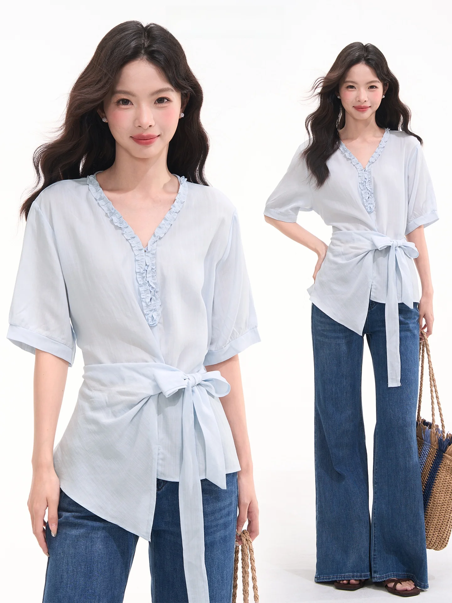 

Korean Style Floral Lace Trim V-Neck Short Sleeve Shirt Summer Top Loose Fit Tie Waist Band Shirt for Women Resistant to Defo...