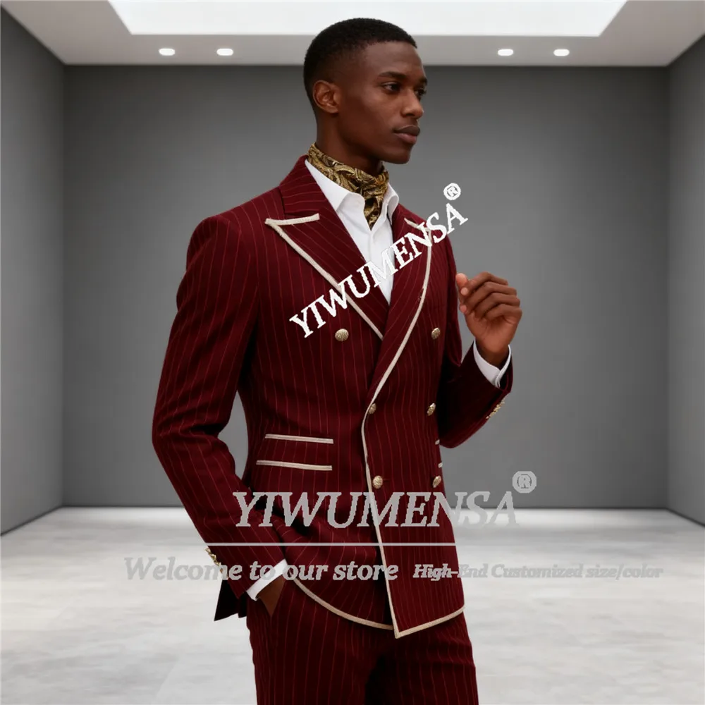 Pruple Vertical Striped Suit Attire For Men Double Breasted Jacket Pants 2 Pieces Sets Costume Homme British Style Prom Blazers