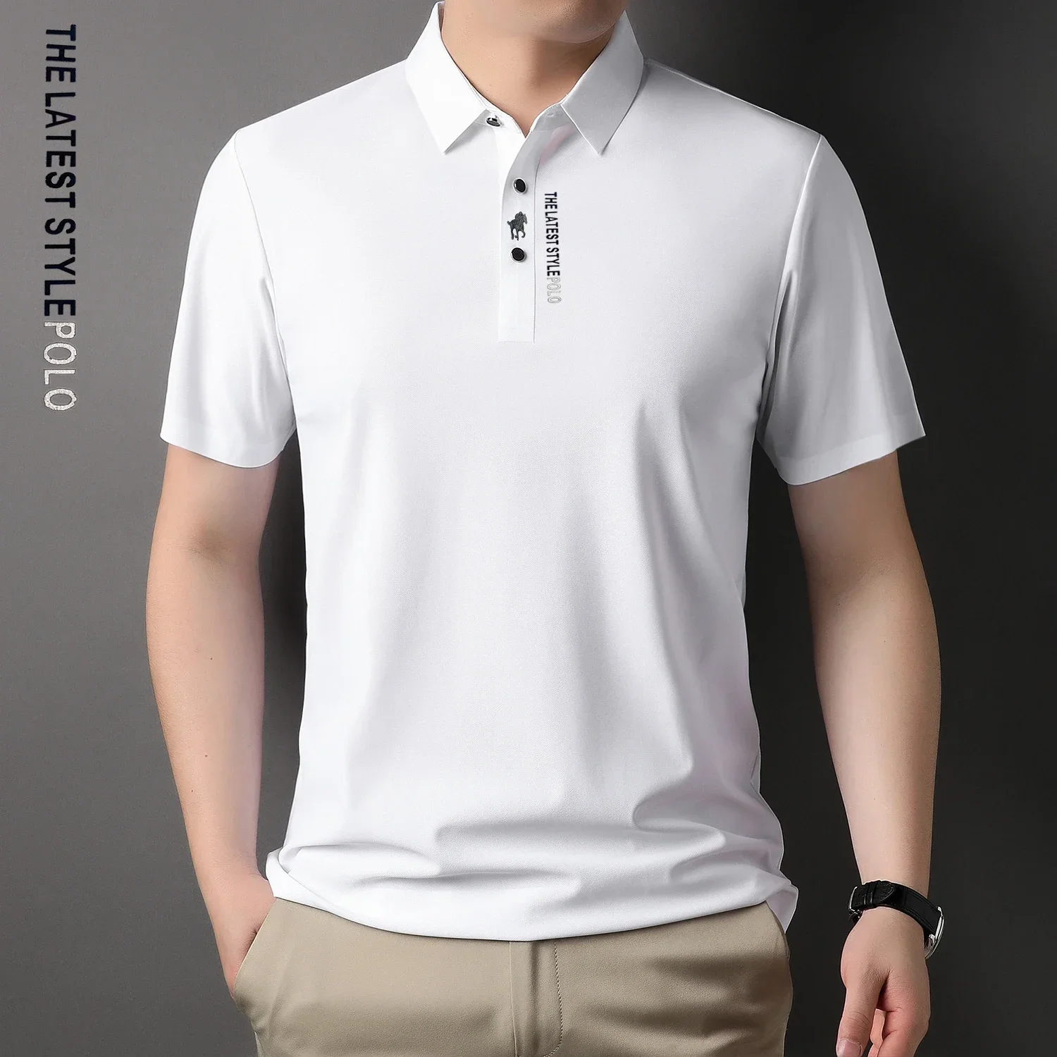 Ice Silk Embroidery Polo Shirt 2024 New Summer Lapel Elasticity T-shirt Korean Fashion Short Sleeve Business Casual Men Clothing