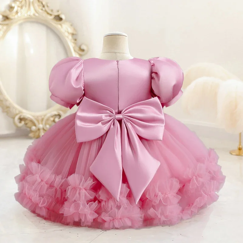 Bowknot Birthday Party Dresse for Girls Puff Sleeve Elegant Kids Princess Dress Sequined Wedding Holiday Baby Girls Dress