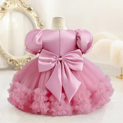 Bowknot Birthday Party Dresse for Girls Puff Sleeve Elegant Kids Princess Dress Sequined Wedding Holiday Baby Girls Dress