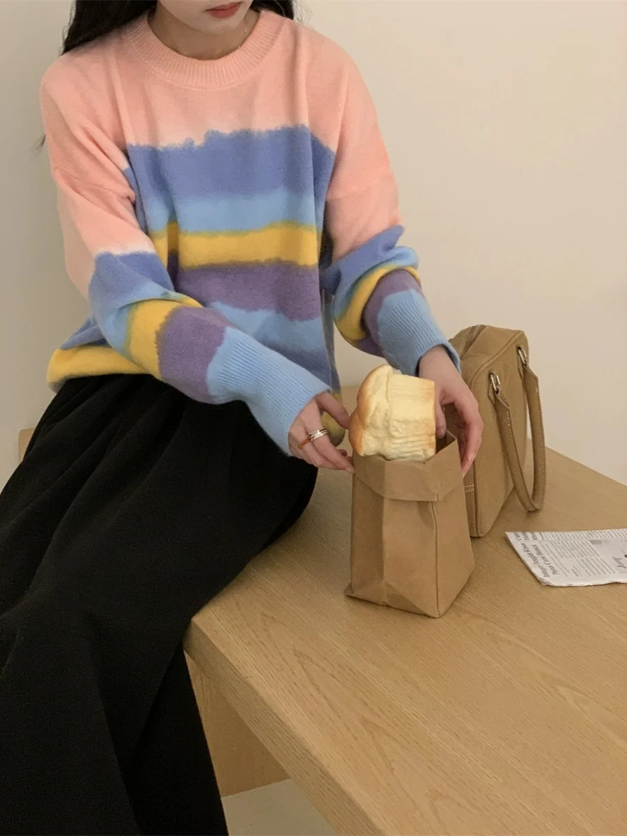 

Окрашенный вручную свободный вязаный свитер adient O-Ne, мягкий повседневный удобный свитер в радужную полоску с принтом тай-дай Fem Faion, осень 2023 г.