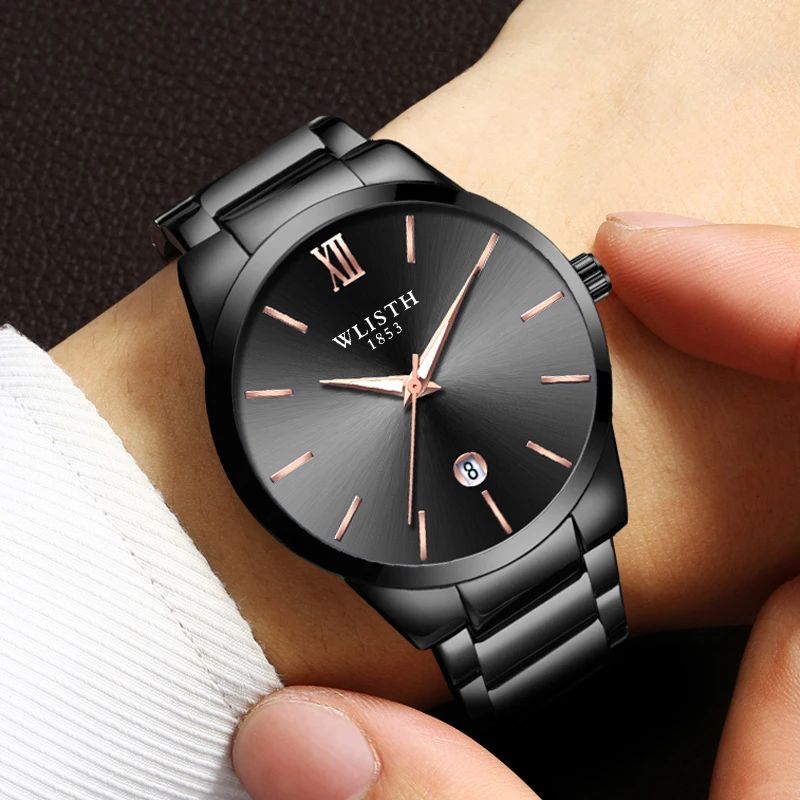 

Мужские часы Часы из нержавеющей стали Модные деловые водонепроницаемые кварцевые часы Роскошные классические черные мужские часы Reloj Hombre