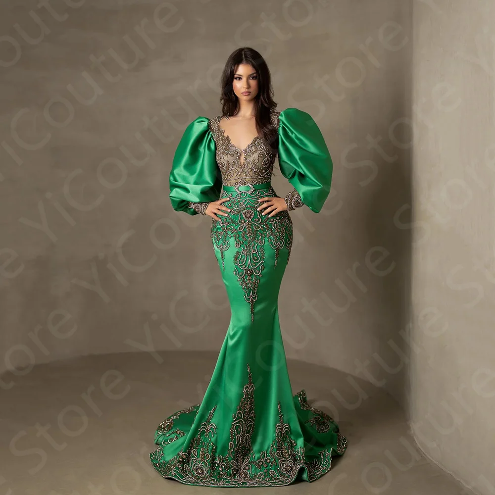 Latest Luxury Crystal Evening Dresses Green Mermaid Prom Gowns Long Puff Sleeve Wedding Party Dresses 2024 Illusion Neckline