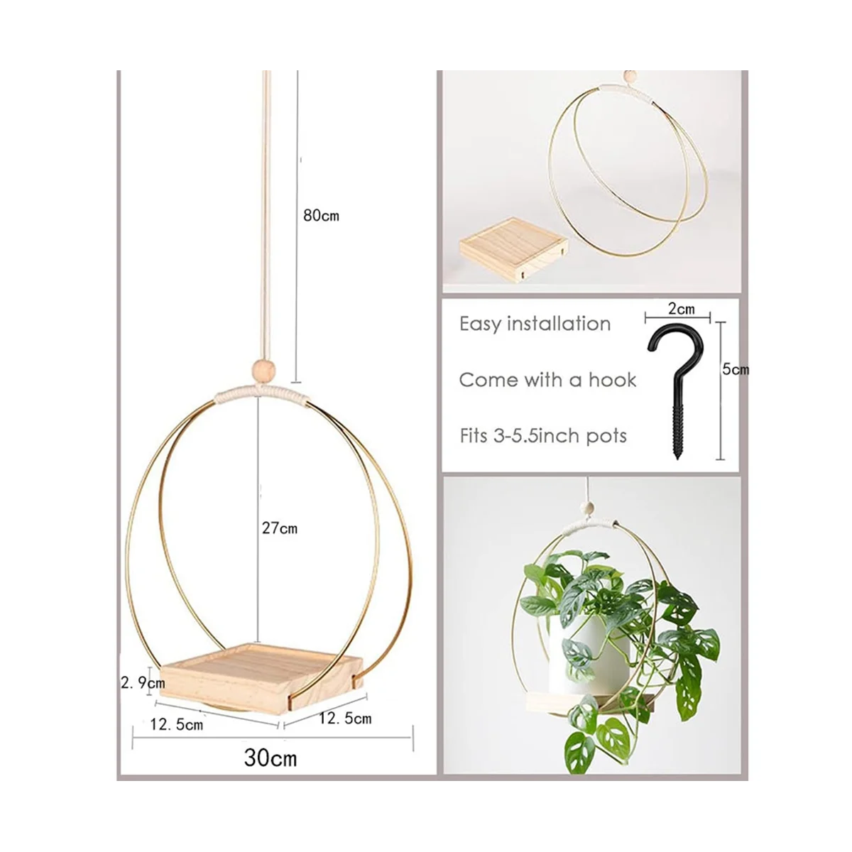 Flower Pot Wreath Iron Hoop Wreath Wall Hanging Plant Hanger with Wooden Base Indoor Plant Hanging Bracket