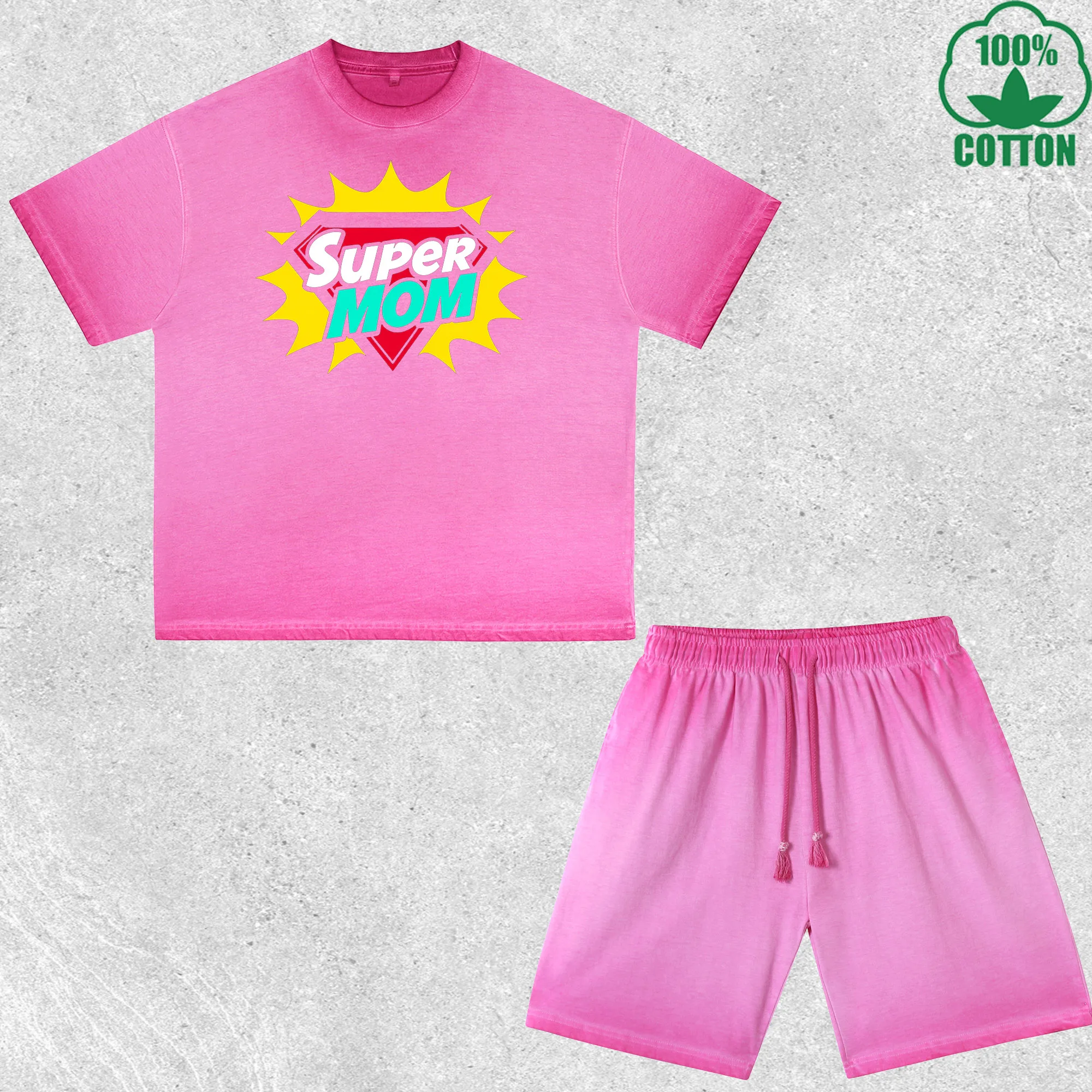 

Super Mom Printed Dirty Wash T-Shirt Shorts Set Multicolor Combo Loose Trendy Fashionable 100%Cotton Short Value Pack