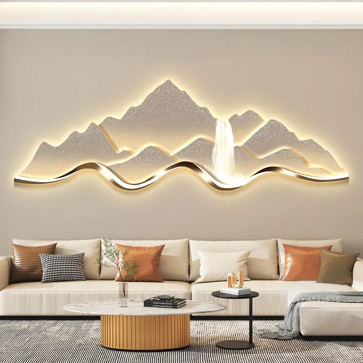Living room with lighting decorative painting sofa background wall hanging painting simple and advanced sense