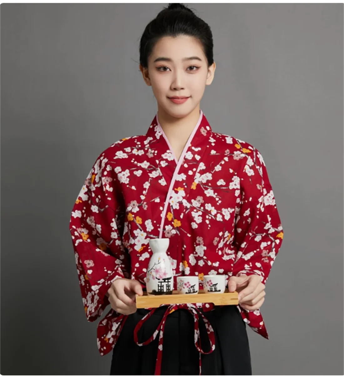 

Catering and welcoming attire, Jujiuwu sushi restaurant, cherry blossom kimono top, female