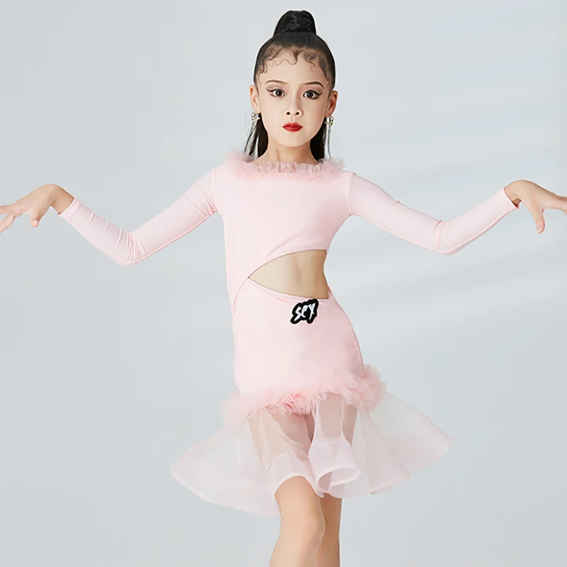 Kids Girls Modern Dance Children‘s Waltz Dance Ruffles Mesh Bodysuit and Slit Skirt Competition Practice Performance Dancewear