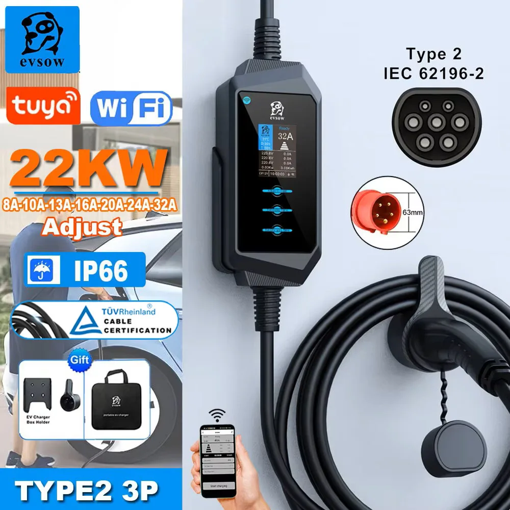 evsow Portable EV Charger Type2 EVSE Wallbox 22KW 32A 3P Electric Car Charger With WIFI APP Control Adjust Current&Seting Time