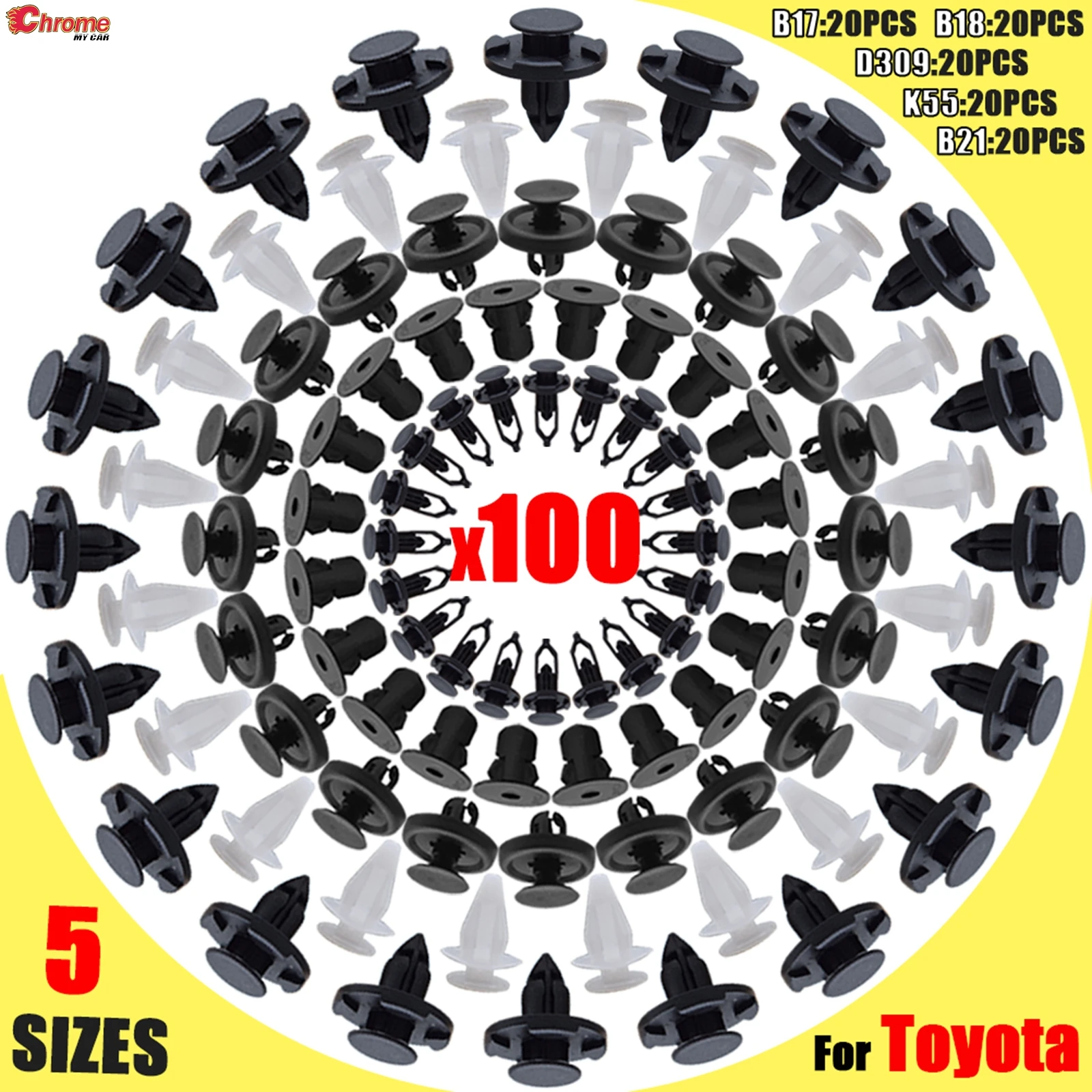 100X Car Trim Clips Push Pin Rivets 5 Sizes Bumper Hood Door Panel Fender Mud Flap Lining Fastener For Toyota Corolla RAV4 Camry