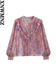 XNWMNZ 2023 Women Fashion Flower Print Shirt Vacation V-neck Long Sleeve Ruffle Front Button Top Female Chic Blouse