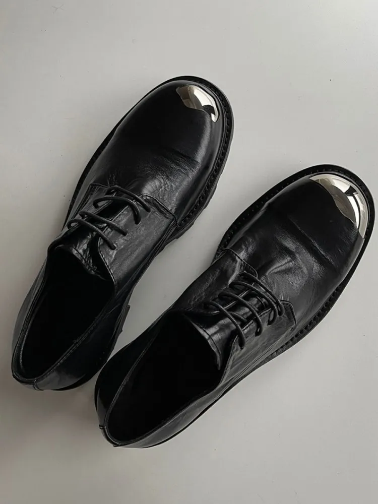 Gothic Metal Round Toe Derby Shoes Men Wedding Party Horsehide Genuine Leather Dress Shoes Lace Up Business Work Formal Shoes