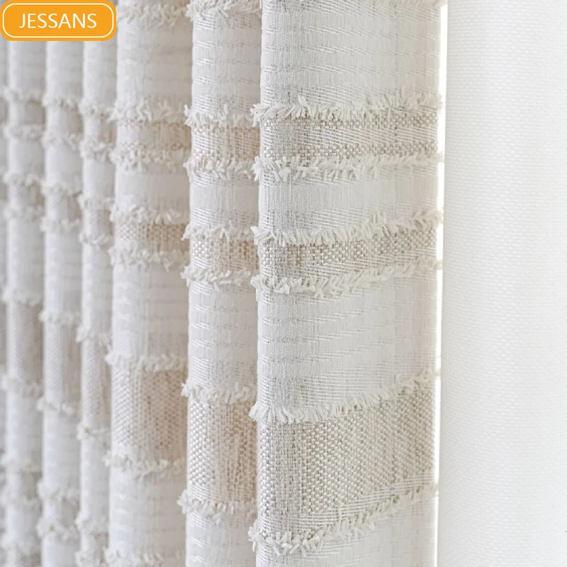 New Cream Color Plaid Jacquard Flocking Thickened Chenille Curtains for Living Room Bedroom French Window Customized Products