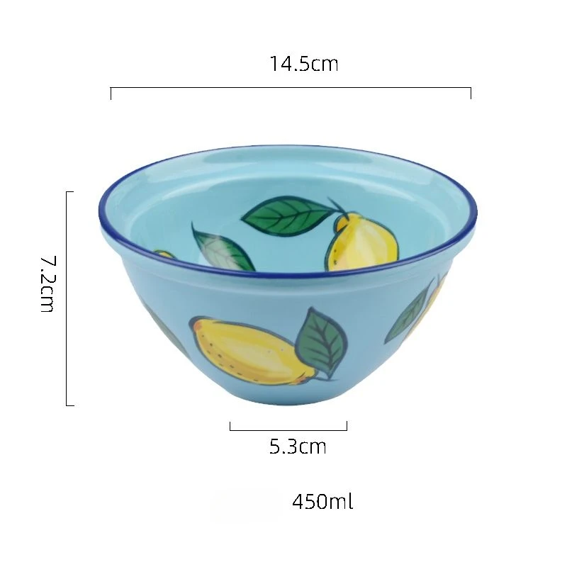 5.5 in Blue Lemon Ceramic Salad Bowl, Minimalist Household Rice Bowls Tableware, High-value Fruit Bowl Moving Gift Noodle Bowl
