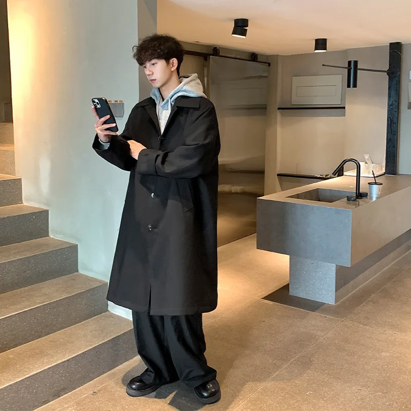 رجل الكورية اليابانية نمط خندق معطف طويل معطف غير رسمي ربيع الخريف سترة واقية فضفاضة تناسب