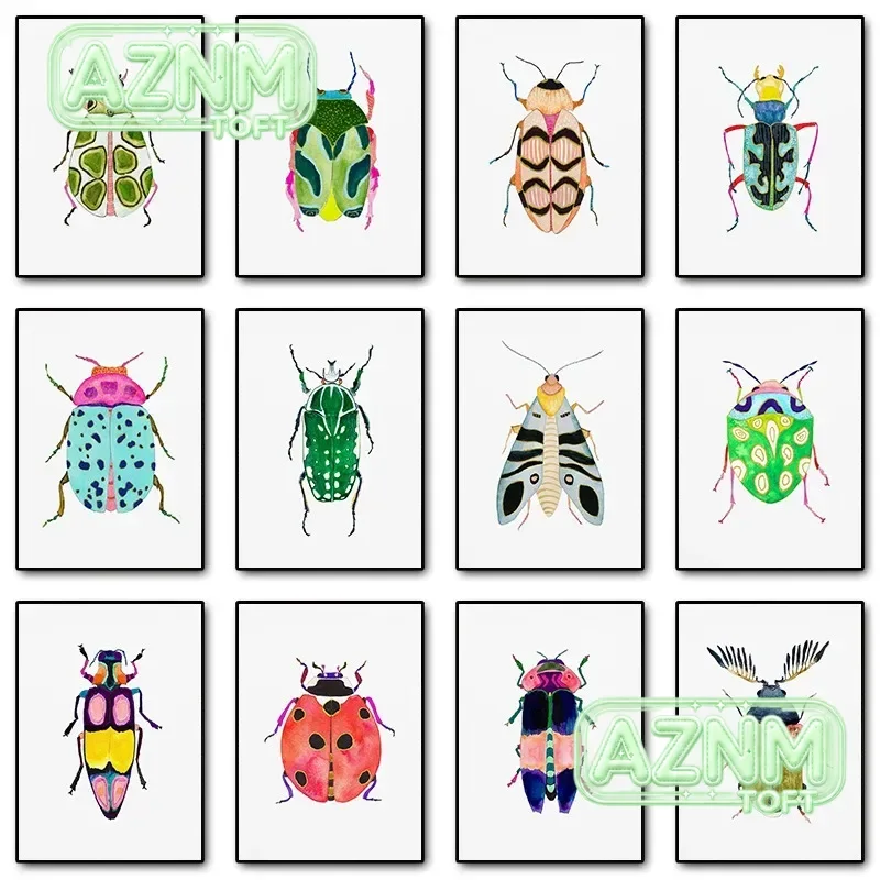 Watercolor Bug Beetle Ladybug Poster Print Colorful Insect Canvas Painting Nature Wall Art Picture Nursery Kids Room Home Dec
