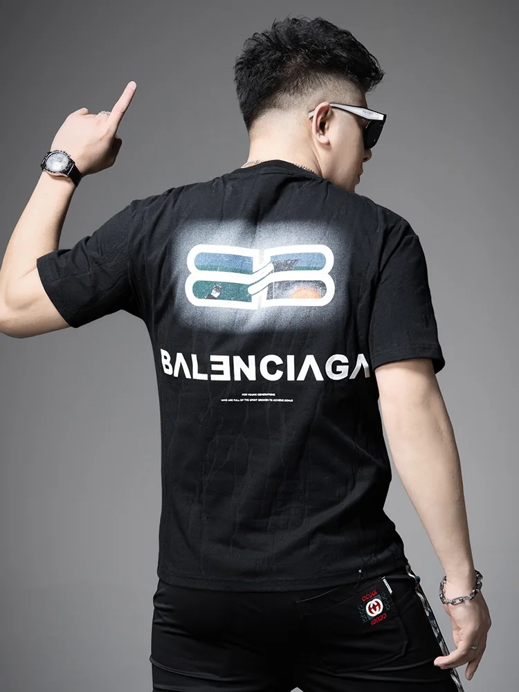 

High-End Men's Printed Texture ort-Sve T-irt Faionable Casual round Ne f Sve Summer Cotton Polyester Blend Tee