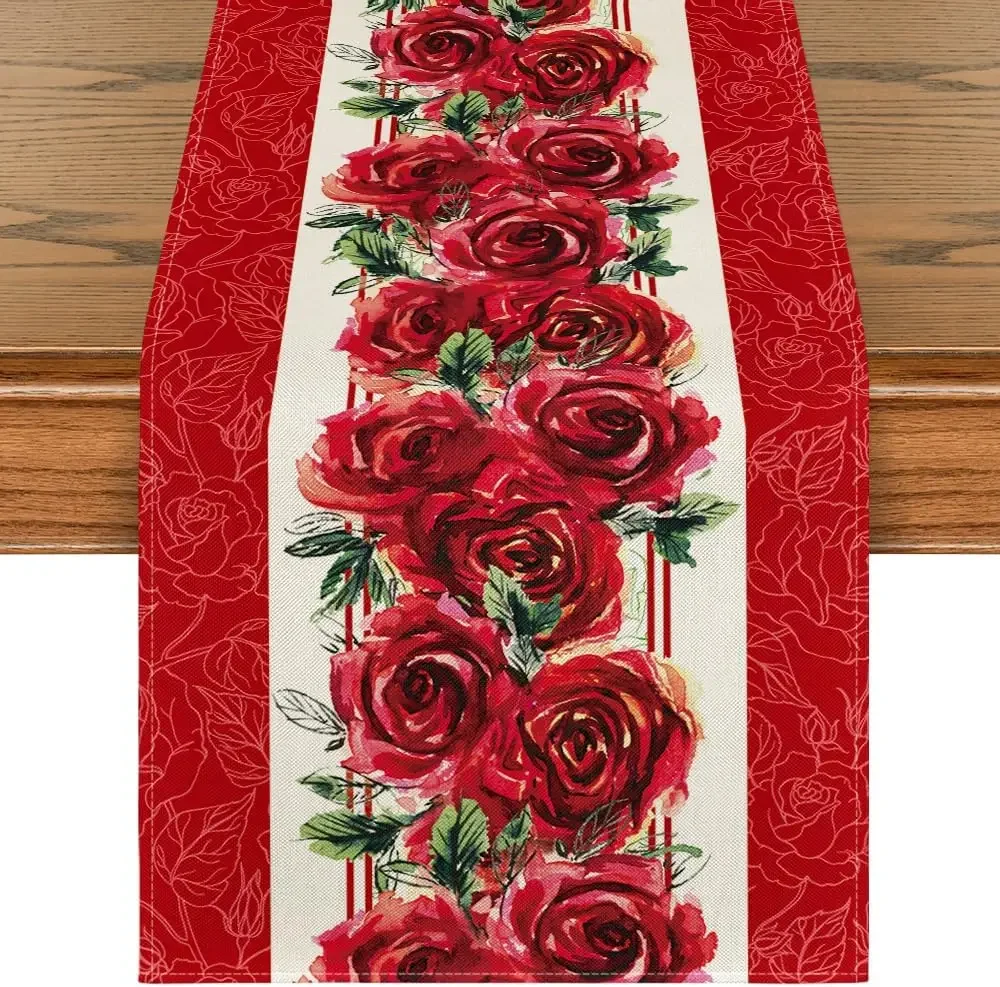 Valentine's Day Red Watercolor Rose Linen Table Runners Wedding Decorations Farmhouse Dining Table Runners Holiday Party Decor