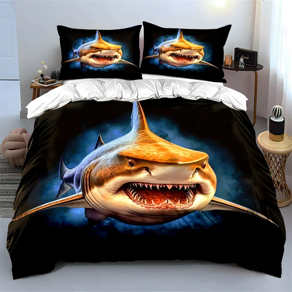 Shark with aggressive expression. Print Bedding Set 1 Duvet Cover 2 Pillowcases for Adult and Children Luxury Gift Full Size