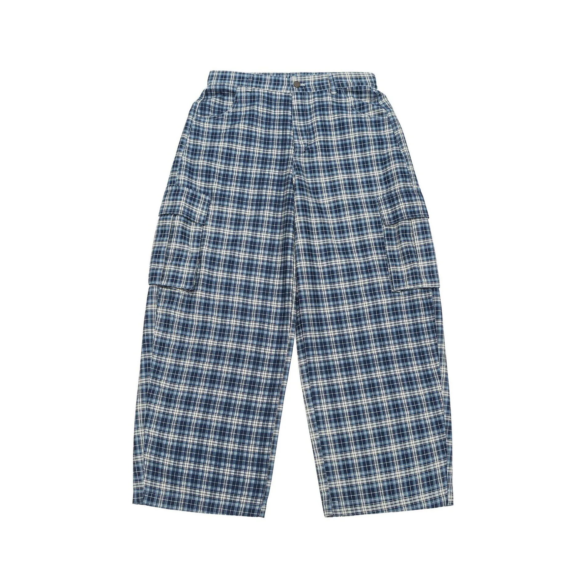 26ss Japanese Kapital Japan Retro Washed Blue Checkered Multi Pocket Loose Pants for Men