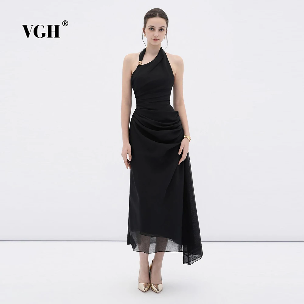 

VGH Solid Slimming Temperament Folds Dresses For Women Round Neck Sleeveless Backless High Waist Sexy Dress Female Fashion New