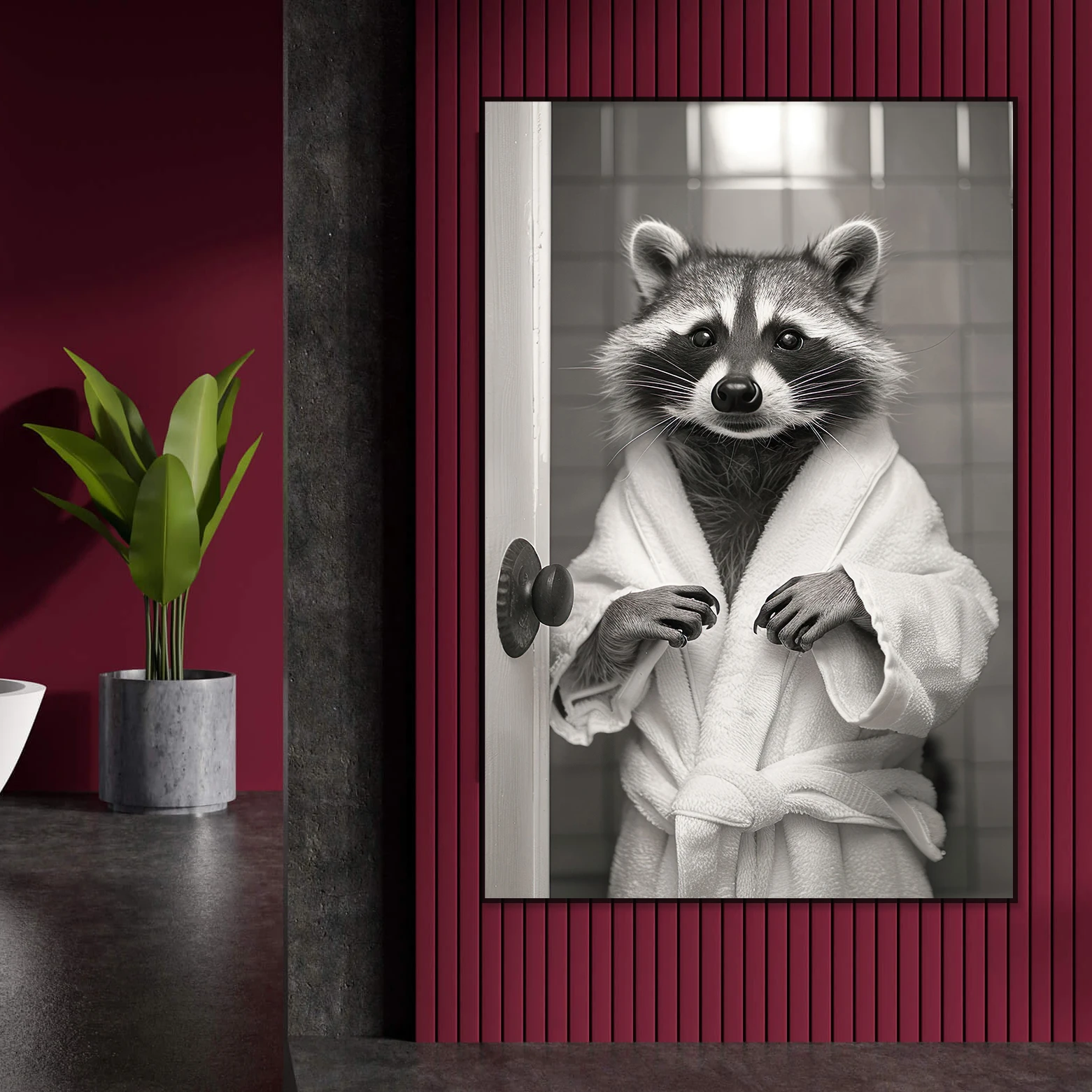 Black and White Cute Raccoon In Bathrobe Peering From Shower Wall Art Canvas Poster Home Kid Bedroom Decor