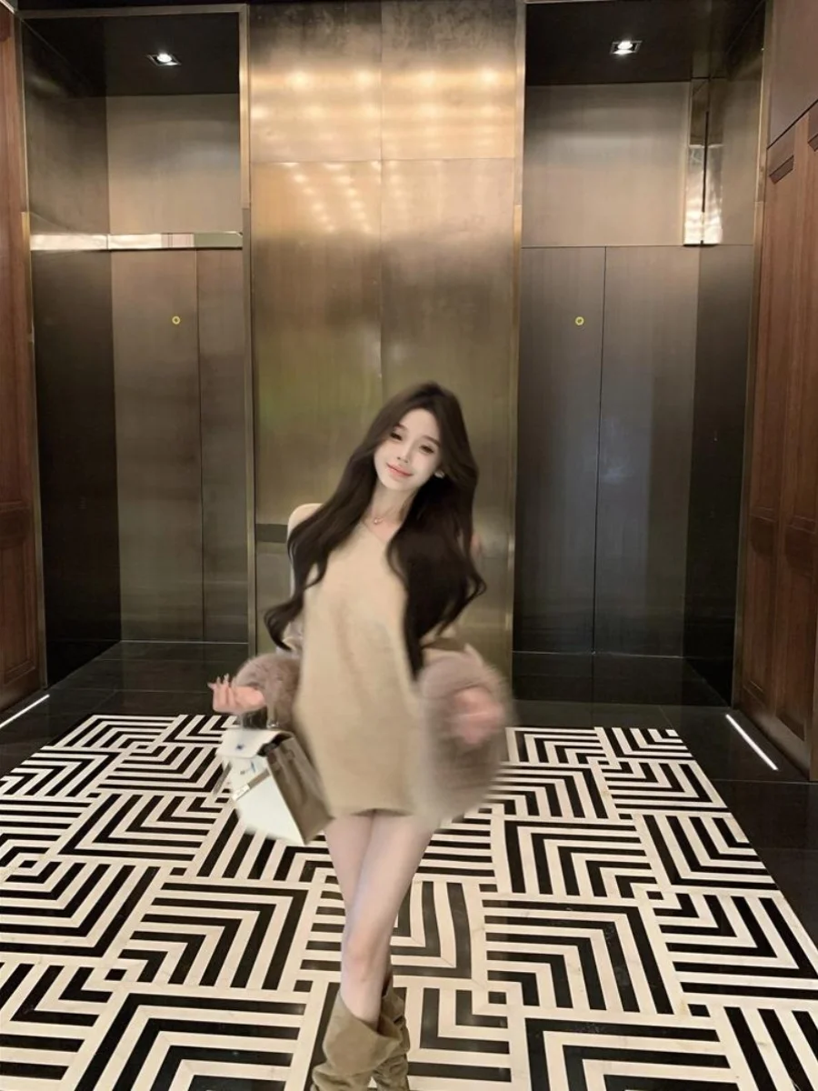 مثير مائل طوق oulder عارية طويلة Sve محبوك سترة المرأة فضفاضة العلوي الخريف موسم المنك المرقعة كسول Versati...