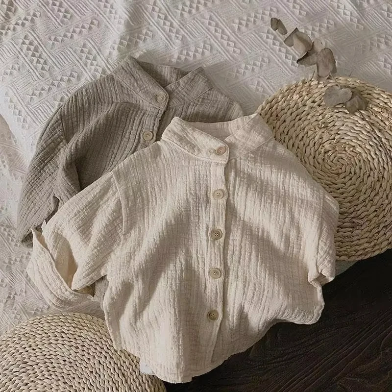 

New Autumn Baby Boys Cotton Shirts Pure Color Korean Style Stand-up Collar Toddlers Kids Long Sleeve Shirts Tops