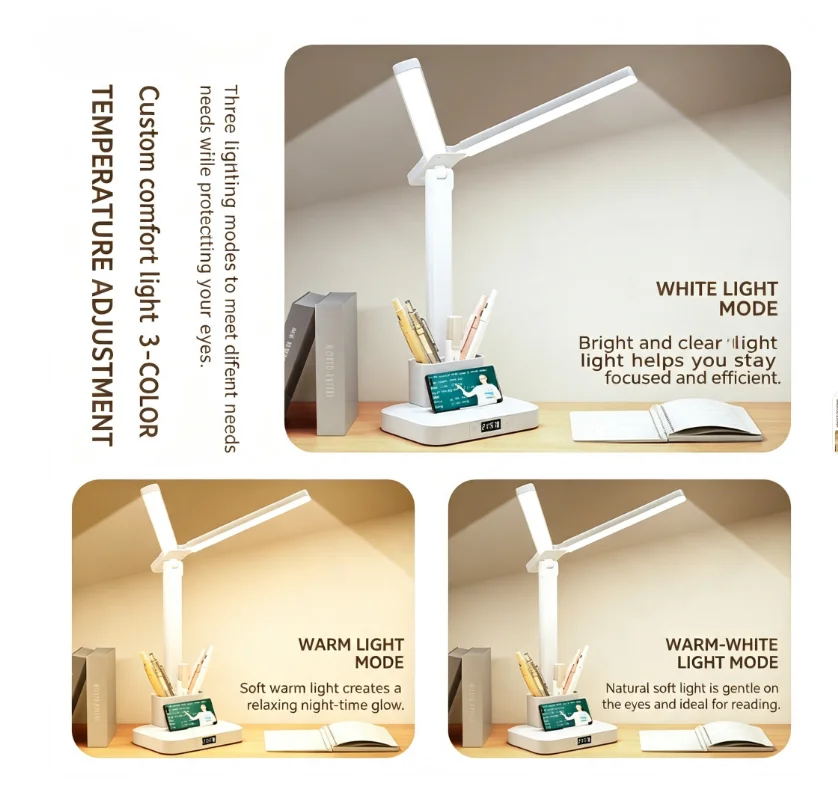 Dual‑Head LED Desk Lamp, Eye‑Caring No‑Flicker Light, 3 Color Modes Dimmable, Pen Holder & Phone Stand, Type‑C Rechargeable Fold