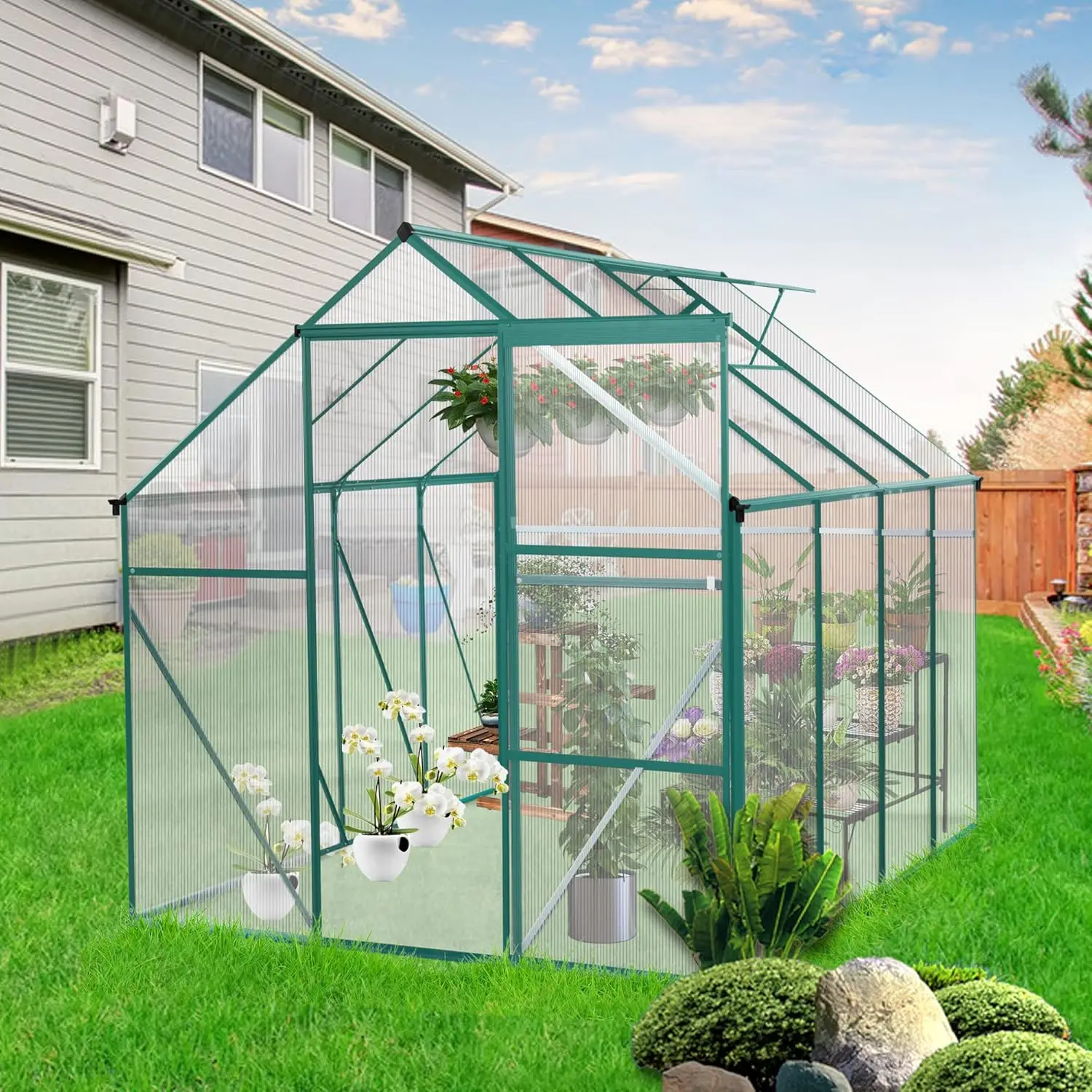 6X8Ft Polycarbonate Walk-In Greenhouses, Heavy Duty Hobby Green House, Storage Shed With Sliding Doors & Adjustable Roof Vent,