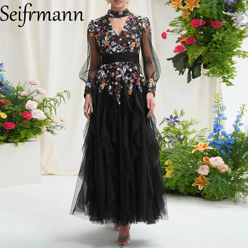 Seifrmann Mode Damen Kleid Stehkragen Mesh Langarm Vintage Stickerei Volants Rand Spleißen Hohe Taille Kleider