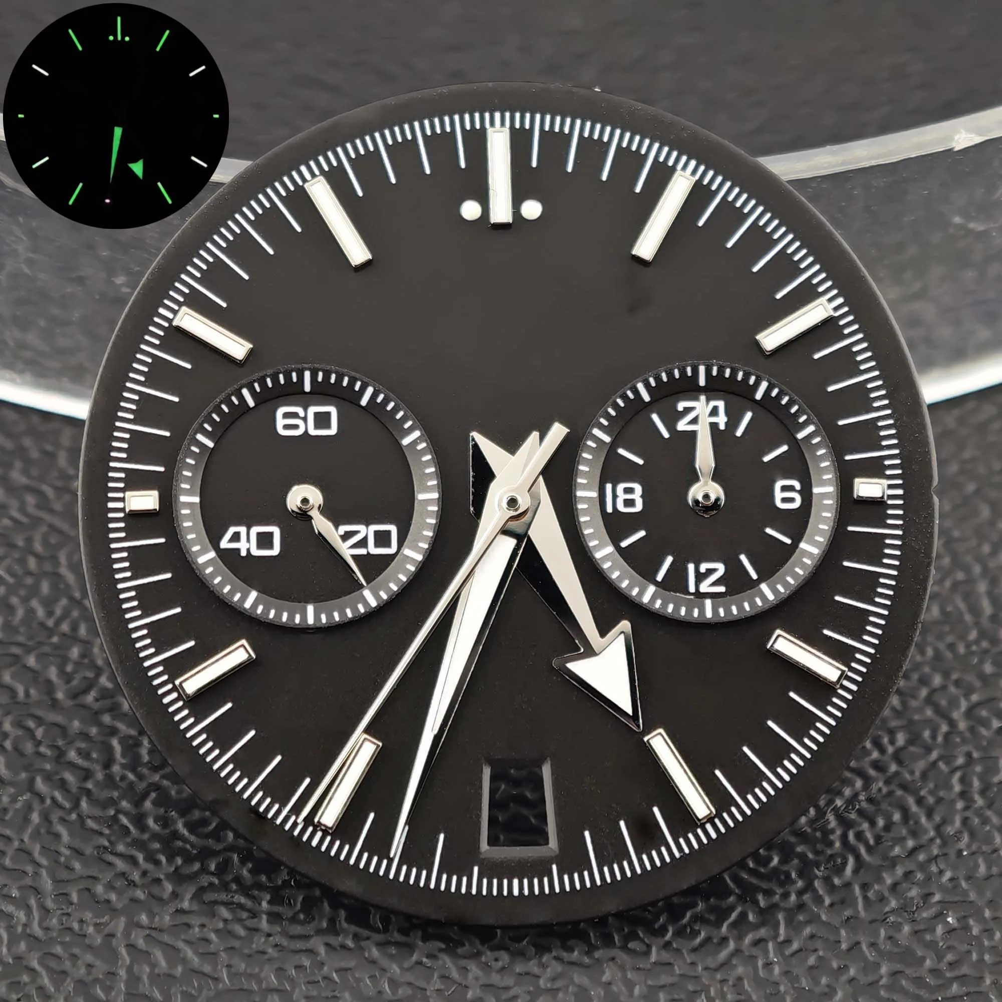 Image of 32,5 mm großes schwarz/weiß/grünes VK64-Chronographen-Zifferblatt, passend für VK64-Uhrwerk, 6-Uhr-Zifferblatt, grün leuchtender Uhrzeiger